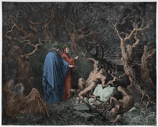 Inferno, Canto 13: Os suicídios na floresta, ilustração da Divina Comédia de Dante Alighieri, 1885 (gravura digital colorida)